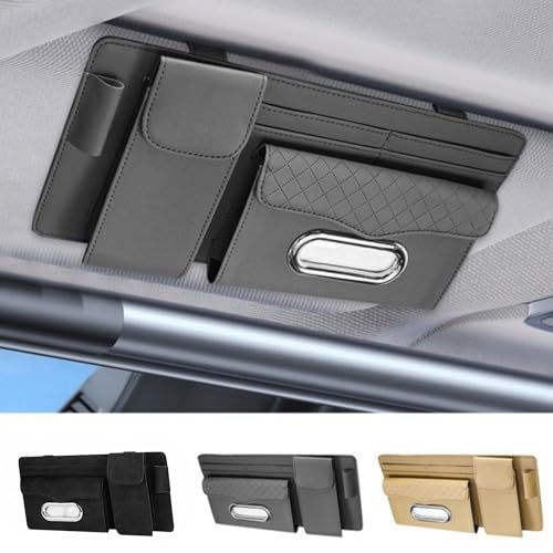 Image of DETACHI Car Sun Visor Organizer with Tissue Paper, Sunglass Pen Card Small Document Storage Pouch & Phone Holder, Leatherette, Multi-Pocket with Zipper Net-(Grey, 18X3X37CM)