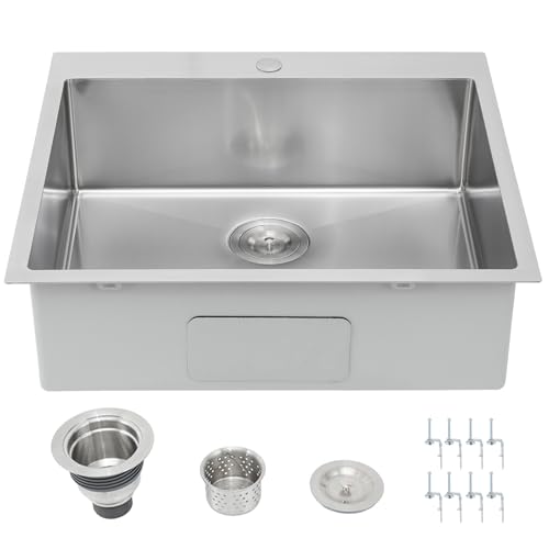 Ufaucet 25x22 Inch Drop In Kitchen Sink 16 Gauge T304 Stainless Steel Top Mount Single Bowl 3D Embossed Brushed Nickel Handmade for Kitchen RV Laundry Utility