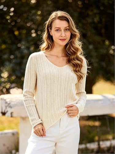 Image of Simple&Opulence Women's Long Sleeve V-Neck Sweater Off-Shoulder Light Cropped Sweaters for Women Wool Sweater S-XL