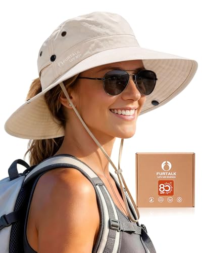 FURTALK Sun Hats for Women with Ponytail Hole Wide Brim Beach Bucket Hat UPF 50+ Fishing Hiking Outdoor Hats Beige