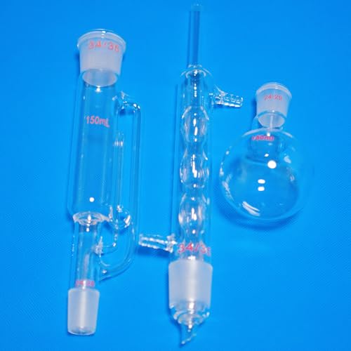 Kit de extractor Soxhlet de vidrio de laboratorio (1 unidad) con condensador y matraz de fondo for extracción de aceites esenciales y productos botánicos.(150ml)