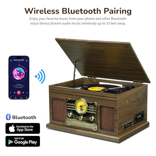 Image of FEKTIK Bluetooth Record Player 10 in 1,FEKTIK 3-Speed Turntable for Vinyl with Speakers, LP to MP3 Converter, CD, Cassette Player, FM Radio, Wireless Streaming | Wooden