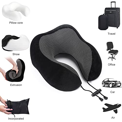 Findigit Travel Neck Pillow 100% Pure Memory Foam Pillow, Airplanes & Car Sleep Neck, Comfortable & Breathable Cover, Machine Washable, Travel Kit With Eye Masks, Earplugs, And Luxury Bag (Black) #TOP5