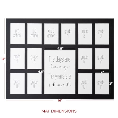 Image of Rustic Red Door Co. 12x16 School Days Picture Frame with Multiple Openings - School Years Photo Collage - The Days Are Long - 2 Pre-School & Kindergarten to 12th Grade (15 Photos, 2PreK-12th, Black)