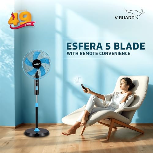 V Guard Esfera Pedestal Fan (5 blade) with Remote Control, In-built 7.5 Hour Timer, 400 mm Sweep Size, Telescopic Height with Adjustable Metal Stand & Powerful Copper Motor | 52 W |Blue Black - Image 2