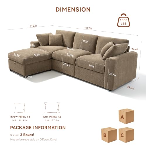 Image of Ihanherry Cloud Sectional Couches for Living Room, 110 inch Large Modular Sectional Sofa with Wide Deep Seat, L Shaped Couch with Throw Pillow and Storage Ottoman, Brown