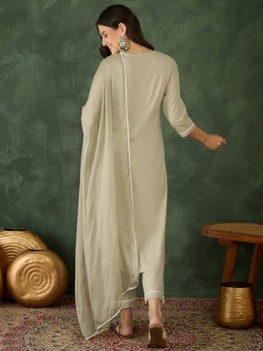 Image of Naixa Women's Cotton Blend Embroidered Straight Kurta with Pant And Dupatta Sets (NX-836)