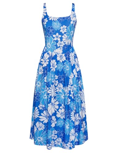 Damen Frühling Sommer Midikleid Leichtes Fließendes A-Linie Sommerkleid Blumen Boho Freizeitkleider Blaue Blumen M