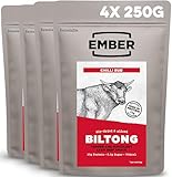 Ember Biltong de Ternera Chilli 1 kg - Carne Seca Beef Jerky Rica en Proteinas - Baja en Grasa, Sin Azúcar Añadido, Keto - 4 Bolsas Resellables de 250 g (El embalaje puede variar)
