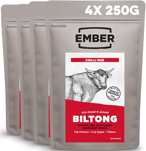 Ember Biltong de Ternera Chilli 1 kg - Carne Seca Beef Jerky Rica en Proteinas - Baja en Grasa, Sin Azúcar Añadido, Keto - 4 Bolsas Resellables de 250 g (El embalaje puede variar)