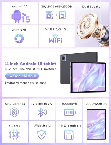 Image of 2025 Tablet 10.4 inch Android 15 Tablets with Keyboard Stylus Mouse: 2K IPS Tablette (2000x1200), 36GB+256GB(1TB TF), 5G /2.4G Dual WiFi, 8-Core 1.6GHz, 8000mAh,8+13MP, Widevine L1- Black