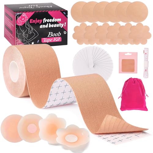 Boob Tape Kit, Boobtape for Breast Lift with Breast Petals and Covers, Sticky Adhesive Boobytape Bra Tape, Breathable Push Up Breast Tape for Breast Lift, Nipple Tape Cover for Large Breasts A-G Cup
