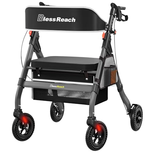 BlessReach Heavy-Duty Aluminum Rolling Walker - Foldable Rollator Walkers with Seat for Seniors 450 lb Capacity 8 Wheels 18 Big Seat 6-Position Height(Gray)