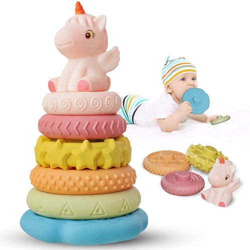 Image of Fantocemea Stacking & Nesting Baby Toys 7 Pcs,Montessori Toys for Babies Squeeze Toys Stacking Rings with Pink Horse,Newborn Essentials for 6 12 18 Months Baby Toddler Girls