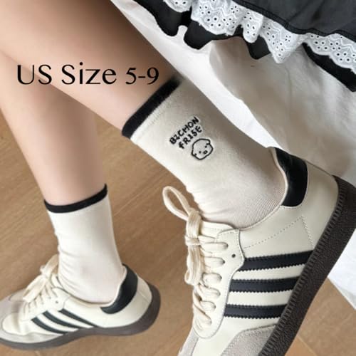 Girls Dog Embroidery Socks, Cotton Blend Crew Socks with Cute Cartoon Dog, Soft & Comfortable, Preppy Style, All Season2