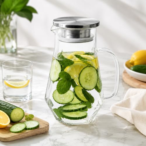 Image of Wringo Premium Glass Water Jug - 1.8 LTR, Transparent, Hot Cold Water Glass Pitcher with Steel Lid Water Jug, Iced Tea, Milk and Juice Beverage Carafe, Golden Lemon Jug 1800ML (WQ-20)