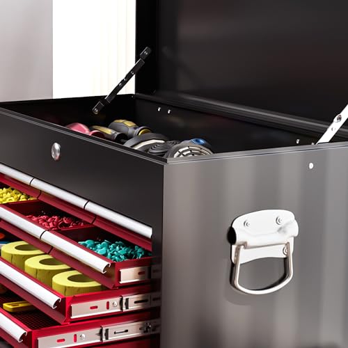 HOMCOM 2 in 1 Rolling Tool Cabinet on Wheels with 14 Drawers, Pegboard and Side Rack, Lockable Top Tool Chest and Roller Cabinet Combo for Workshop and Home, Red 9 HOMCOM 2 in 1 Rolling Tool Cabinet on Wheels with 14 Drawers, Pegboard and Side Rack, Lockable Top Tool Chest and Roller Cabinet Combo for Workshop and Home, Red - Image 9