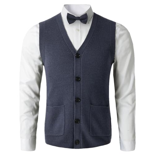 Men’S Solid Thick Thermal Knitted Sweater Vest with Pockets Slim Fit V-Neck Sleeveless Button Down Cardigan