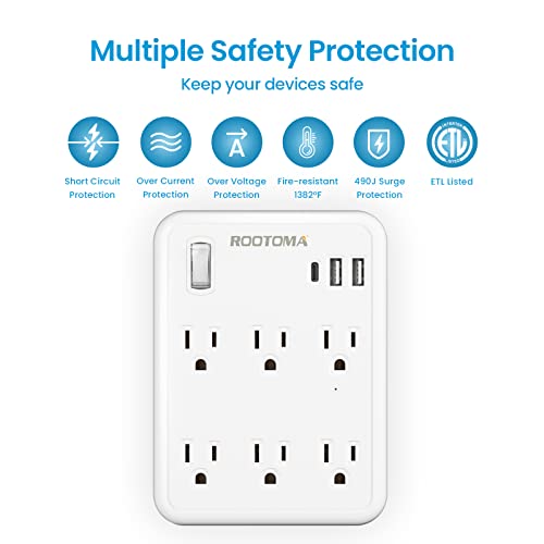 Usb Wall Outlet Extender With On Off Switch, Surge Protector Outlet,6 Ac Multi-Plug Outlet With 3 Usb Ports (1 Usb C), 490 Joules, Flat Outlet Splitter With Spaced Outlet For Home, Office, College #TOP2