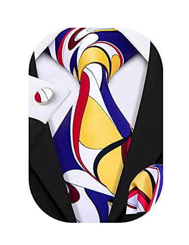 Barry.wang Mens Designer Silk Tie Set Yellow Blue White Necktie Pocket Square Cufflinks #TOP4