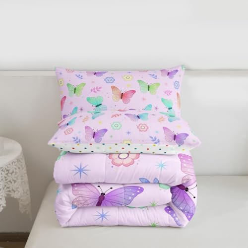 Image of Erosebridal Colorful Butterflies King Size Comforter Set for Kids Teens Adults,Rainbow Gradient Bedding Sets,Cute Cartoon Flower Duvet Insert,Garden Wildlife Quilt Bedroom Decor