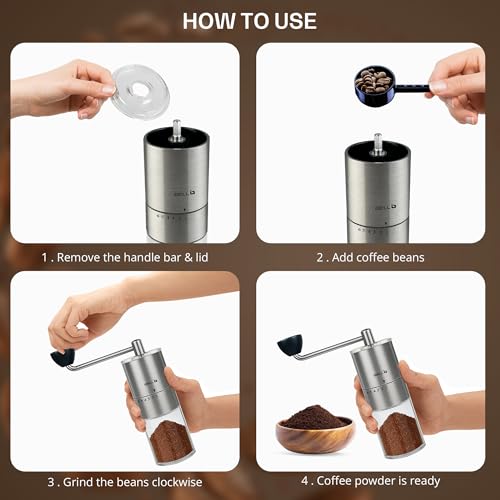Image of IBELL GRINDX6 Manual Coffee Grinder with Glass Jar, 6 Adjustable Settings, Stainless Steel, Detachable Handle, Ceramic Conical Burrs, Whole Beans, Drip Coffee, Espresso (Silver)