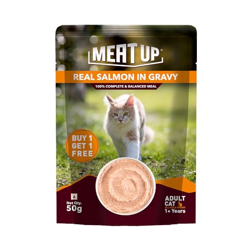 Image of Meat Up Adult Wet Cat Food 16 Pouches x 50g, Total 800g | Real Salmon Fish in Gravy | Supports Heart & Vision Health | Strong Bones & Teeth | Natural Flavours | Organic Minerals & Vitamins