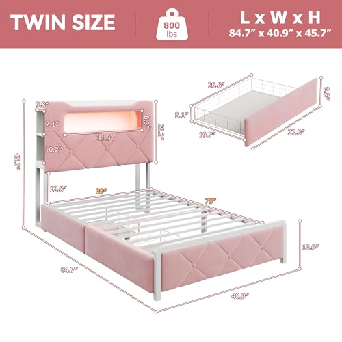 Image of Twin Upholstered LED Bed Frame with 2 Storage Drawers and 2-Tier Storage Bookcase Headboard, Velvet Princess Platform Bed for Kids /Girls /Boys, Heavy Duty Metal Support, No Box Spring Needed, Pink