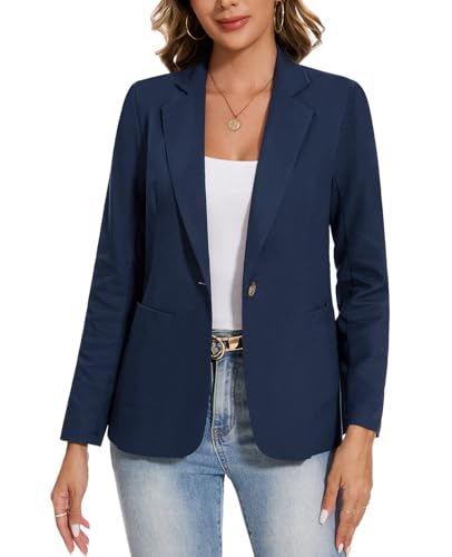 Image of Kyzoeyou Blazer for Women Cotton Linen Long Sleeve Suits & Blazers Notch Collar Slim Fit Jacket Casual Business Work Office Coat(Navy X-Large)