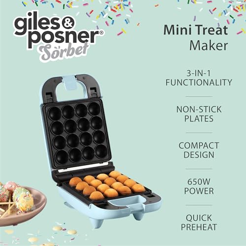 Giles & Posner EK4943GSBLUN 3-in-1 Mini Treat Maker – Doughnuts, Cake Pops, Waffle Iron Machine, Non-Stick Removable Cooking Plates, Easy Clean, Compact, Children’s Baking, Sorbet, Pastel Blue, 650 W
