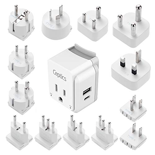 Image of Ceptics Travel Adapter India to International Power Plug Adapter Travel Set, 20W PD & QC, Dual USB & USB-C 3.1A - 2 USA Outlet - Compact - Use Anywhere in The World - Includes 13 attachments