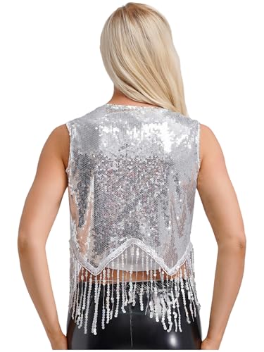 Women's Sequins Tassel Vest Open Front 70s Hippie Cardigan Sleeveless Western Cowgirl Tops3