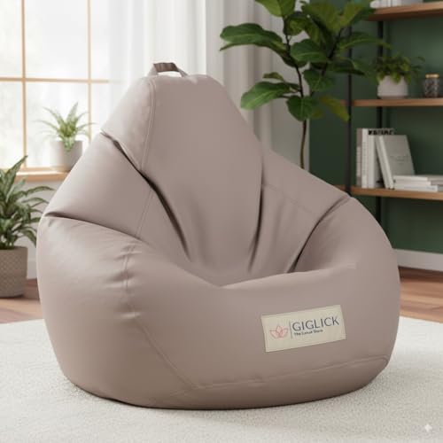 Image of 4XL Premium Leatherette Bean Bag Chair with Beans Filled | High Density Beans Filled | Double Stitched with Side Pocket & Easy Carry Handle | 6 Months Warranty Color- (Beige, 4XL)