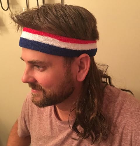 Image of Red White Blue Stripe Headband Mullet Wig for Men, USA Patriotic Retro Curly Mullet Wig, 4th of July Halloween Costume Party Wig (Medium Brown)