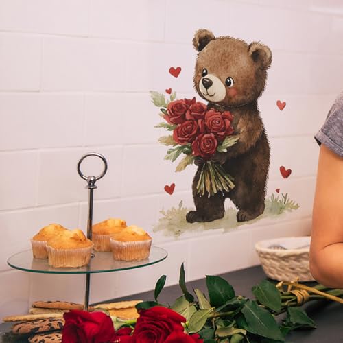 Vinilo decorativo removible Osito con flores y corazones miniatura 3