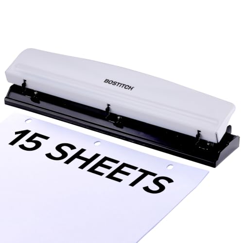 Image of Bostitch 3-Hole Punch, 15 Sheet Capacity, Heavy Duty All-Metal Paper Punch, Non-Slip Base, Easy-Empty Chip Tray, 9 /32 inch Holes, Fits Standard 3 Ring Binders, Office, School & Home, White