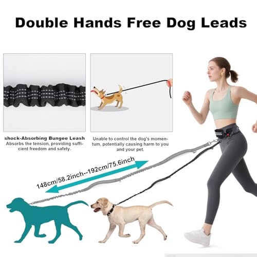 Joggingleine Hunde, Freihandleine Laufleine Hundeleine mit Bauchgurt, Abnehmbare Hüfttasche, 1.45-2M Bungee-Laufleine Hundeleinen für Mittelgroße Große Hunde bis zu 50 kg