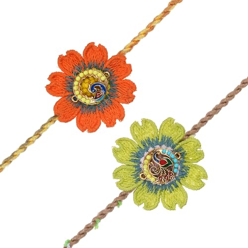 Image of eCraftIndia Orange Yellow Flower Peacock Rakhi Set of 2 | Rakhi for Brother Bhaiya Bhai with Best Bro Ever Fridge Magnet | Roli Chawal Pack
