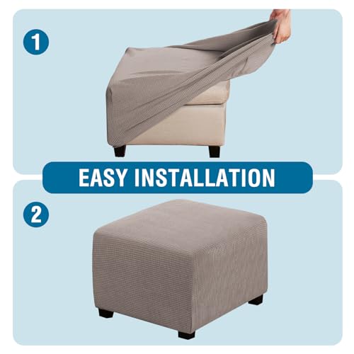 Image of H.VERSAILTEX Ottoman Cover Slipcover Rectangle Fit Length 35 inch-45 inch Footrest Sofa Slipcovers Stool Cover Footstool Protector Covers Feature Stretch Thick Soft Jacquard Fabric Removable Washable - Taupe