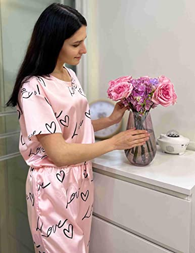 Image of Ekouaer Womens Satin Silky Pajama Set Short Sleeve Shirt with Long Pajama Pant Set Soft PJ Loungewear