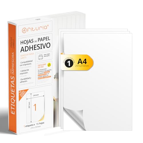 Etiquetas Adhesivas Blancas, Crea tus Pegatinas Personalizadas para cualquier Superficie, Papel A4 Adhesivo Seguro, Etiqueta Adhesiva para Imprimir - Ofituria (1 por hoja, 10h)