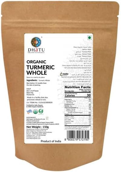 Dhatu By Rootz Organics Rootz Organis Turmeric Whole 150g - Premium Quality Whole Turmeric - Perfect for Curries, Teas, and Natural Health Benefits - Sourced from Trusted Organic Farms