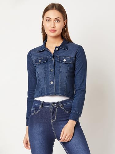 Image of Miss Chase Women's Polo Neck Full Sleeves Patch Pocket Denim Overcoat Knee-Length Jacket