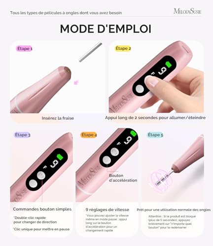 MelodySusie Nagelfräser Kabellos, Elektrische Nagelfeile für Gelnägel Acrylnägel, PC90G Fräser Nägel 20000 U/Min, Verstellbarer Geschwindigkeit, Maniküre Set Elektrisch für Anfänger (Rosa)