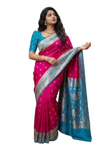 myFashion Semi Silk Banarasi Meenakari Saree Rani Pink with Blue
