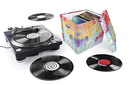 Image of Snap-N-Store 12 In Vinyl Record Box, LP Holder with Lid, Tie Dye | Collapsible crate holds up to 75 vinyl albums, snaps together for easy assembly, stylish shelf display
