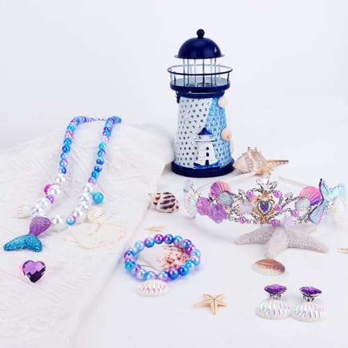 6 Pcs Mermaid Crown Mermaid Necklace Bracelet Earrings Ring Set Jewelry Mermaid Jewelry the Little Mermaid Party Decorations Princess Party Dress Up3