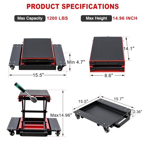 Image of CXRCY1200 LBS Motorcycle Jack with Dolly, Motorcycle Lift Scissor Jack Upgraded Dirt Bike ATV Steel Motorcycle Hoist Stand with Ratchet Wrench,Crank Handle,Thickened Rubber Pad,Wide Deck