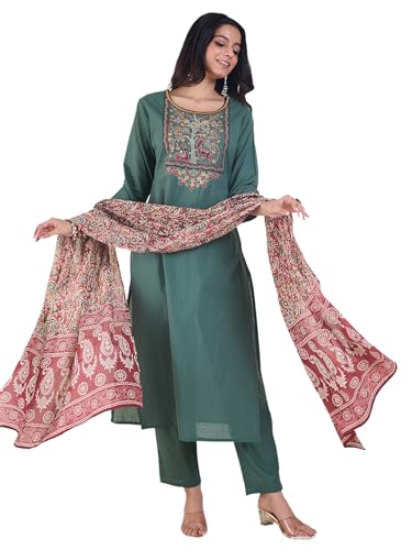 Image of INDO ERA Women's Silk Blend Ethnic Motifs Embroidered Straight Kurta & Pant with Dupatta Set (IESTR12341)