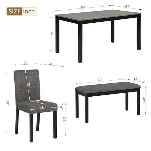 Image of KEIKI 6-Piece Standard Height Dining Table Set with Rectangular Table, 4 Upholstered Curved Backrset Chair, Bench, for 6 Person, Modern Table Set, Easy Assembly, for Kitchen, Dining Room, Black+Gray